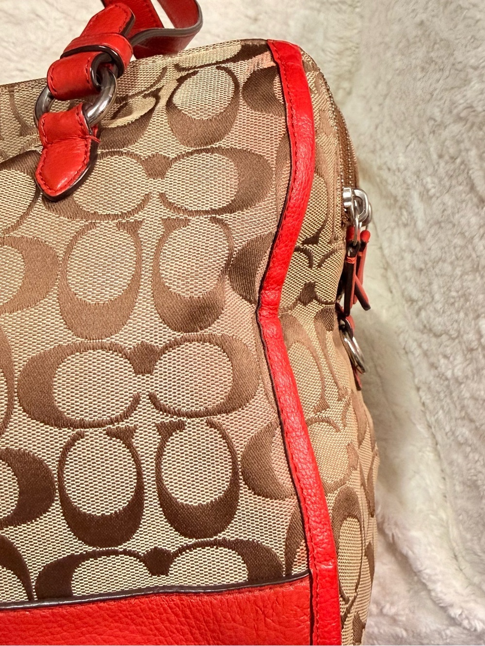 Coach Beige Signature Canvas Satchel with Red Leather Trim - Picture 13 of 16